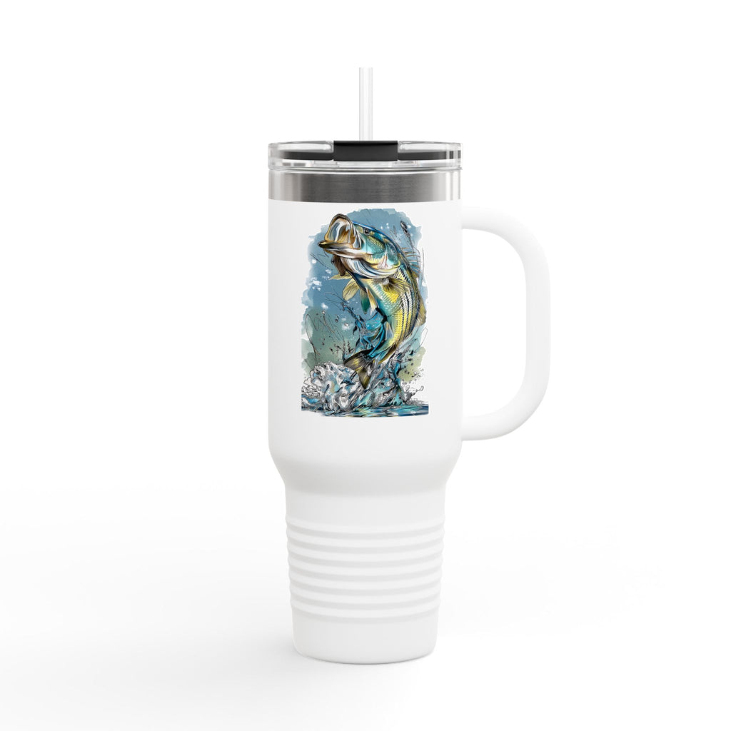 Personal Best Striped Bass Edition - IndigeFish Big Fish Signature Series 40oz Insulated Travel Mug – (Navy, Teal, White)