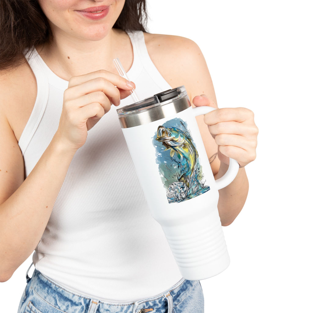 Personal Best Striped Bass Edition - IndigeFish Big Fish Signature Series 40oz Insulated Travel Mug – (Navy, Teal, White)