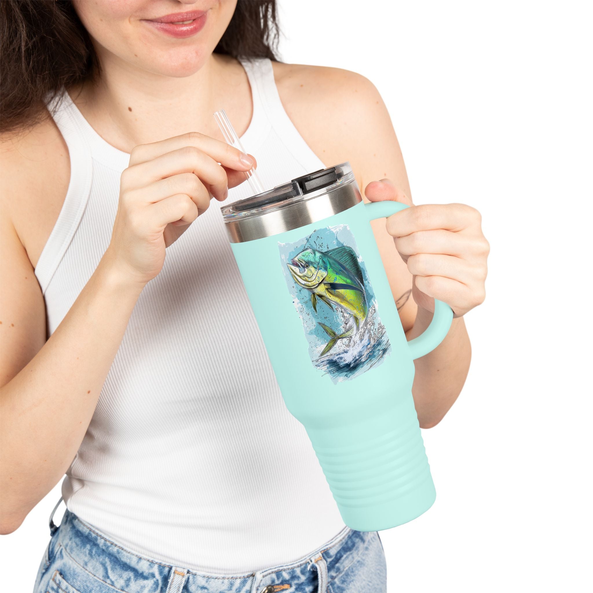 Mahi Mahi Edition Tumbler - IndigeFish Big Fish Signature Series 40oz Insulated Travel Mug – (Navy, Teal, White)