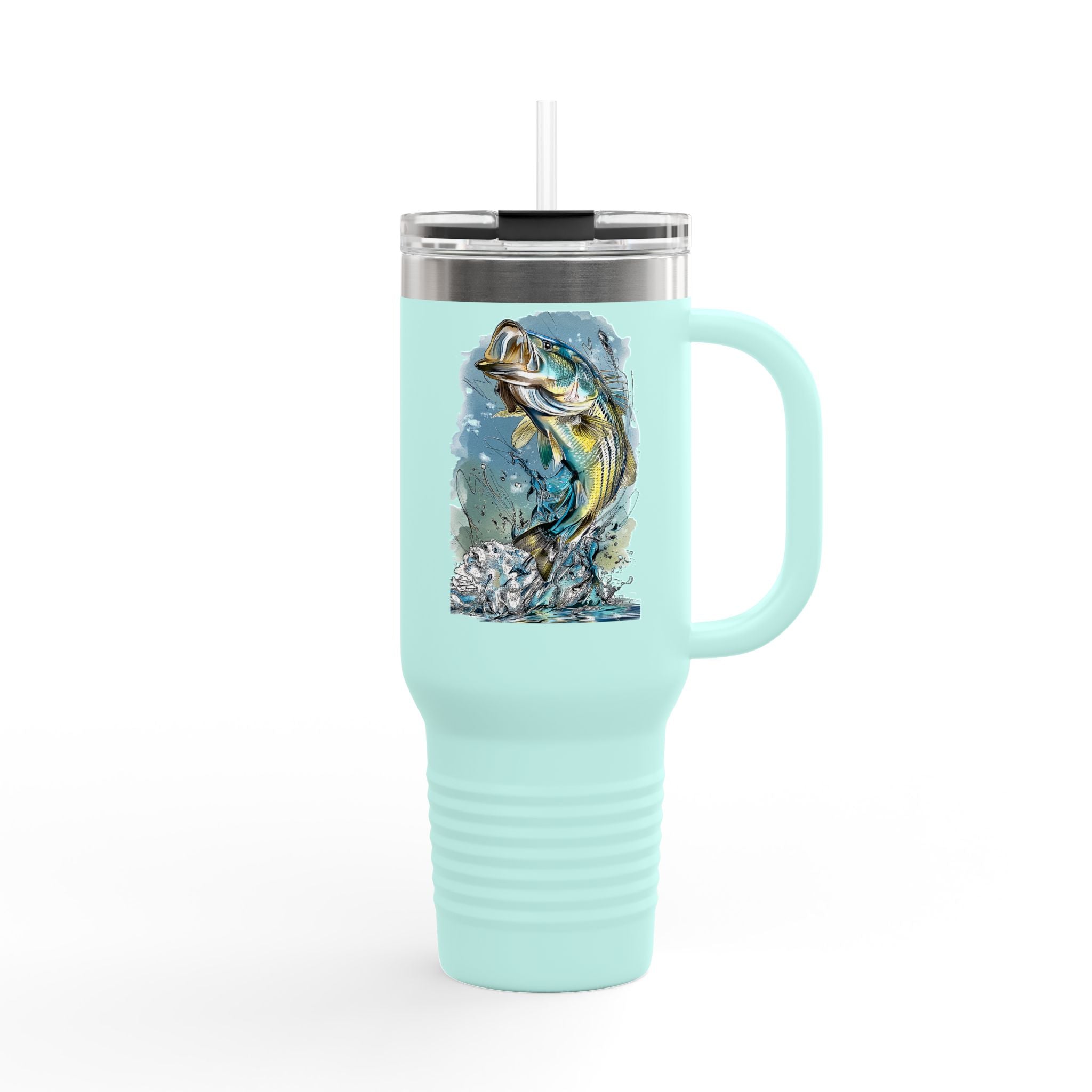 Personal Best Striped Bass Edition - IndigeFish Big Fish Signature Series 40oz Insulated Travel Mug – (Navy, Teal, White)