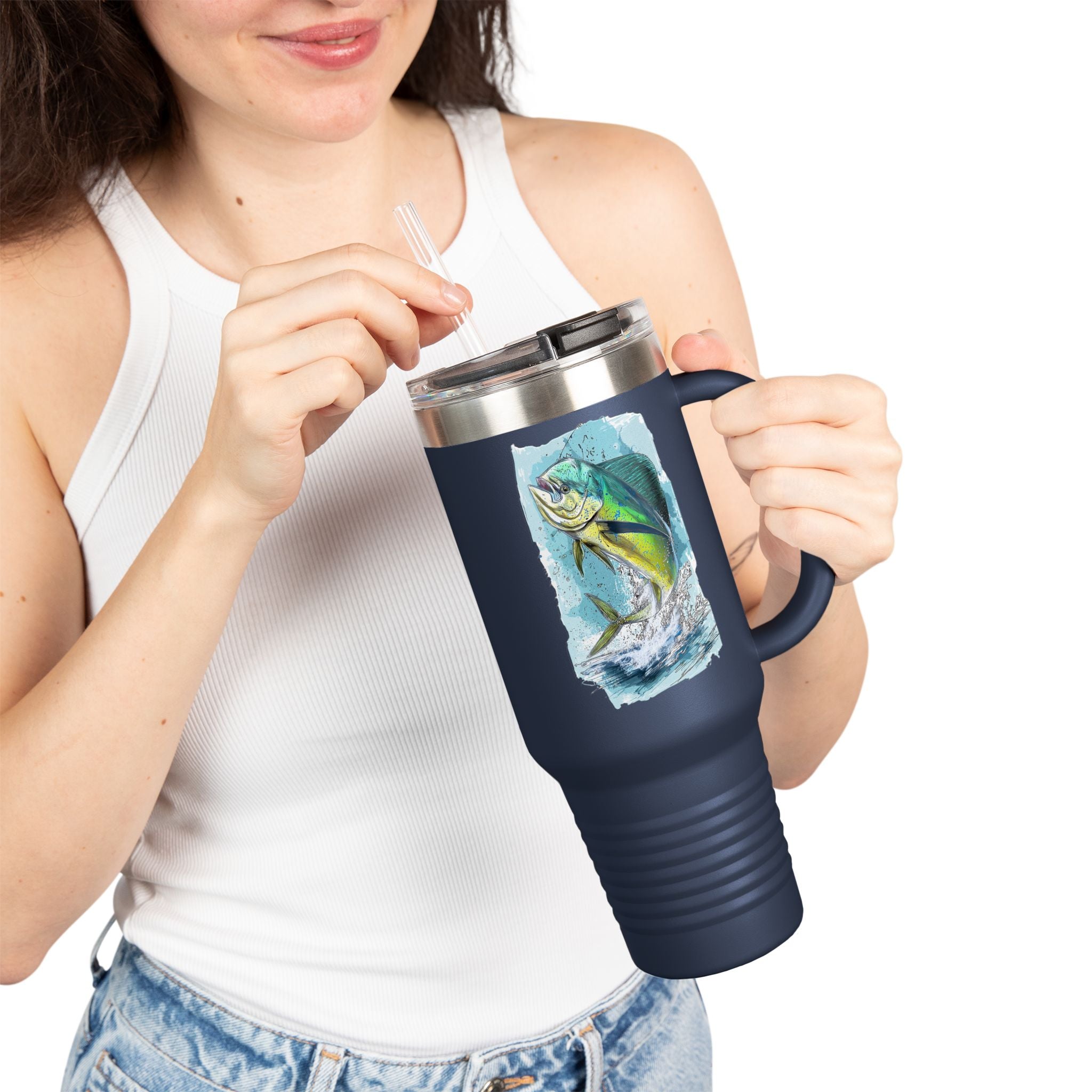 Mahi Mahi Edition Tumbler - IndigeFish Big Fish Signature Series 40oz Insulated Travel Mug – (Navy, Teal, White)