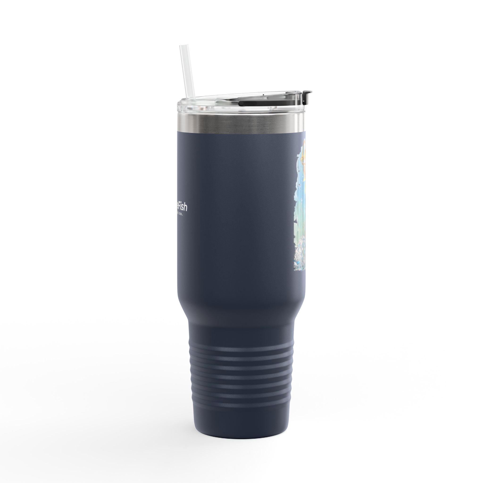 Personal Best Striped Bass Edition - IndigeFish Big Fish Signature Series 40oz Insulated Travel Mug – (Navy, Teal, White)